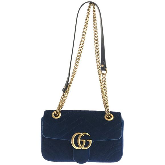 Gucci GG Marmont Velvet Quilted Chain Shoulder Bag Blue